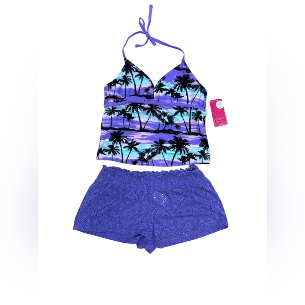 NWT Xhilaration Girls XL 14/16 Purple Palm Print UPF 50 Tankini Swim Set
